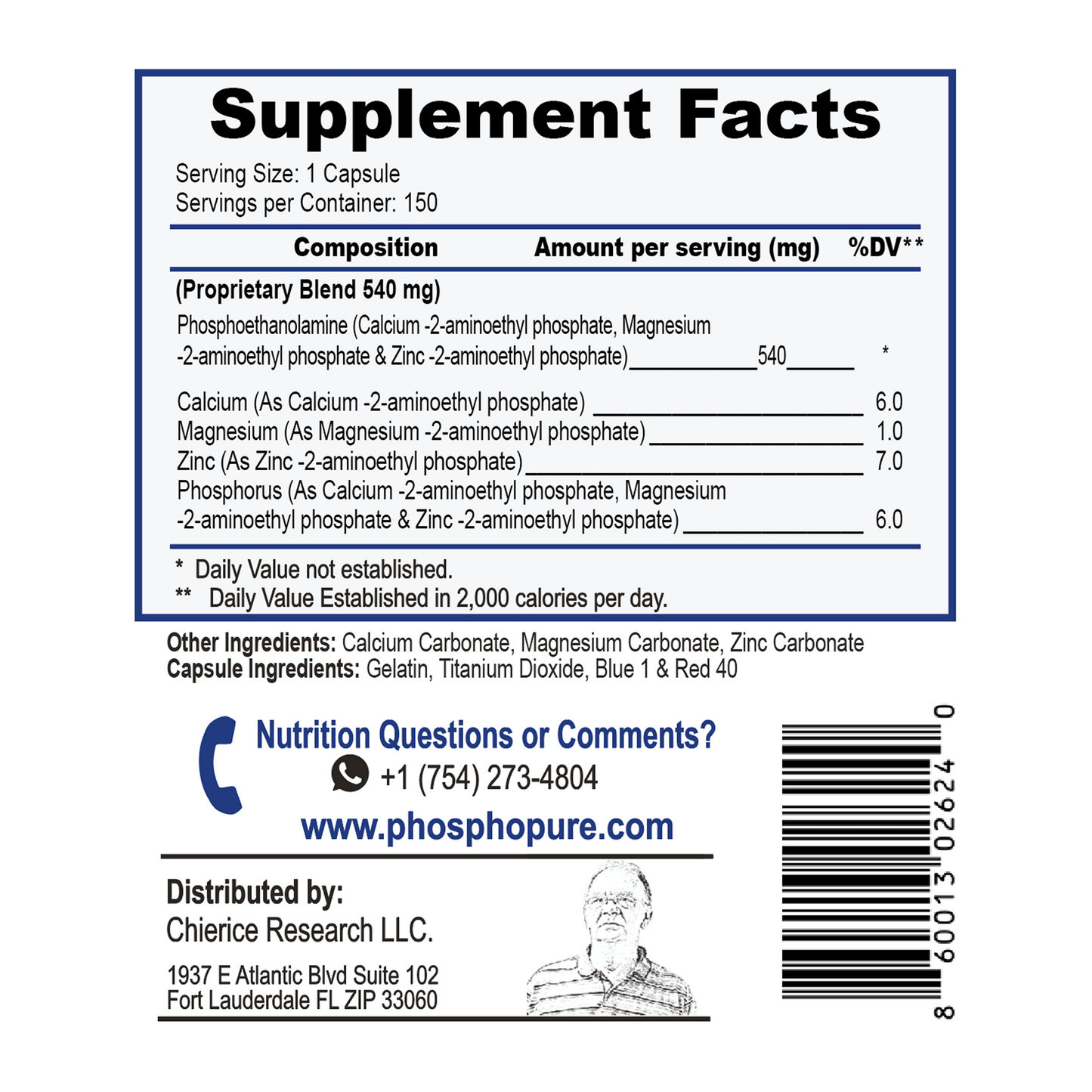 Phosphopure Fosfoetanolamina - 150 Cápsulas ( R$ 2,88 por cap )