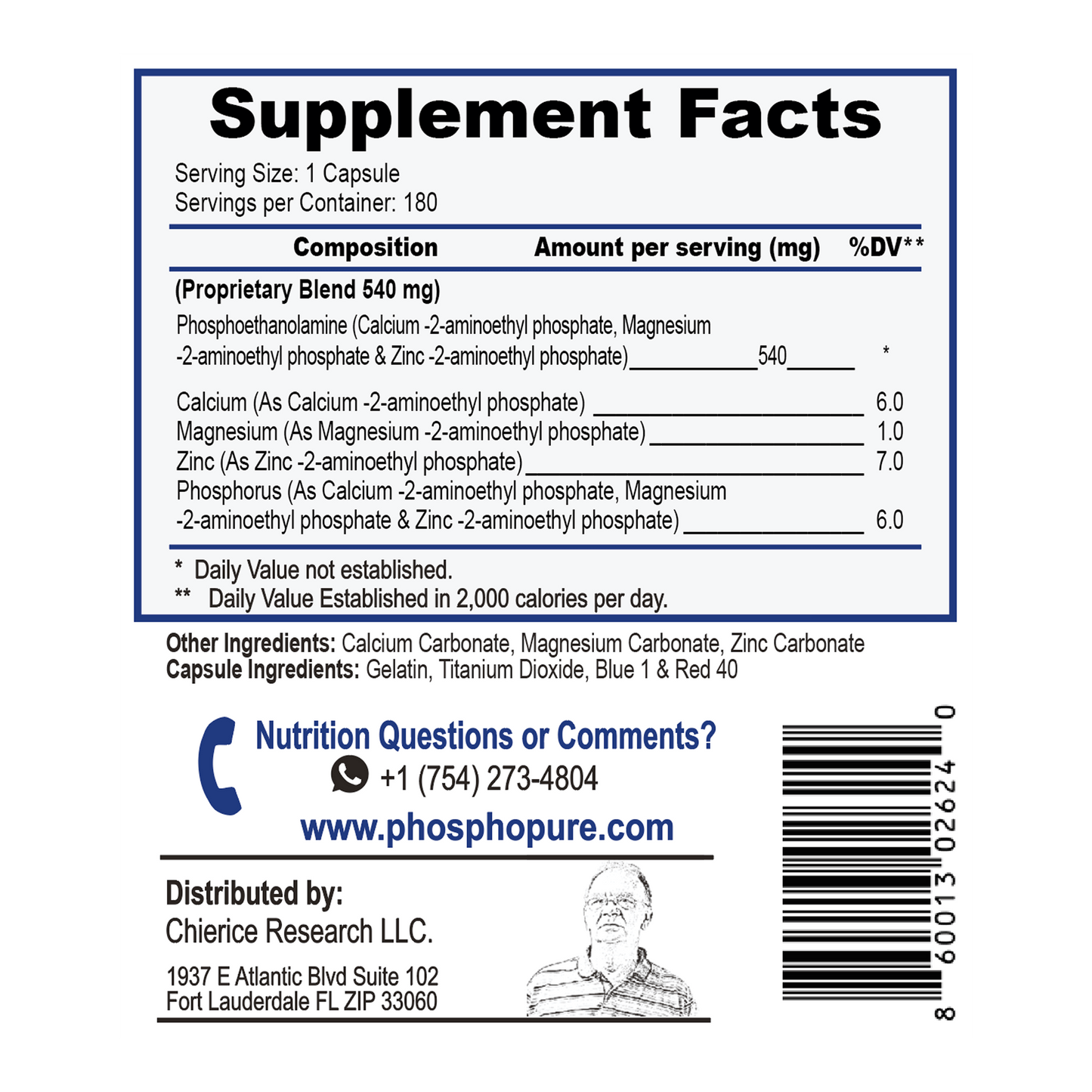 Phosphopure Fosfoetanolamina - 180 Cápsulas ( R$ 2,77 por cap )