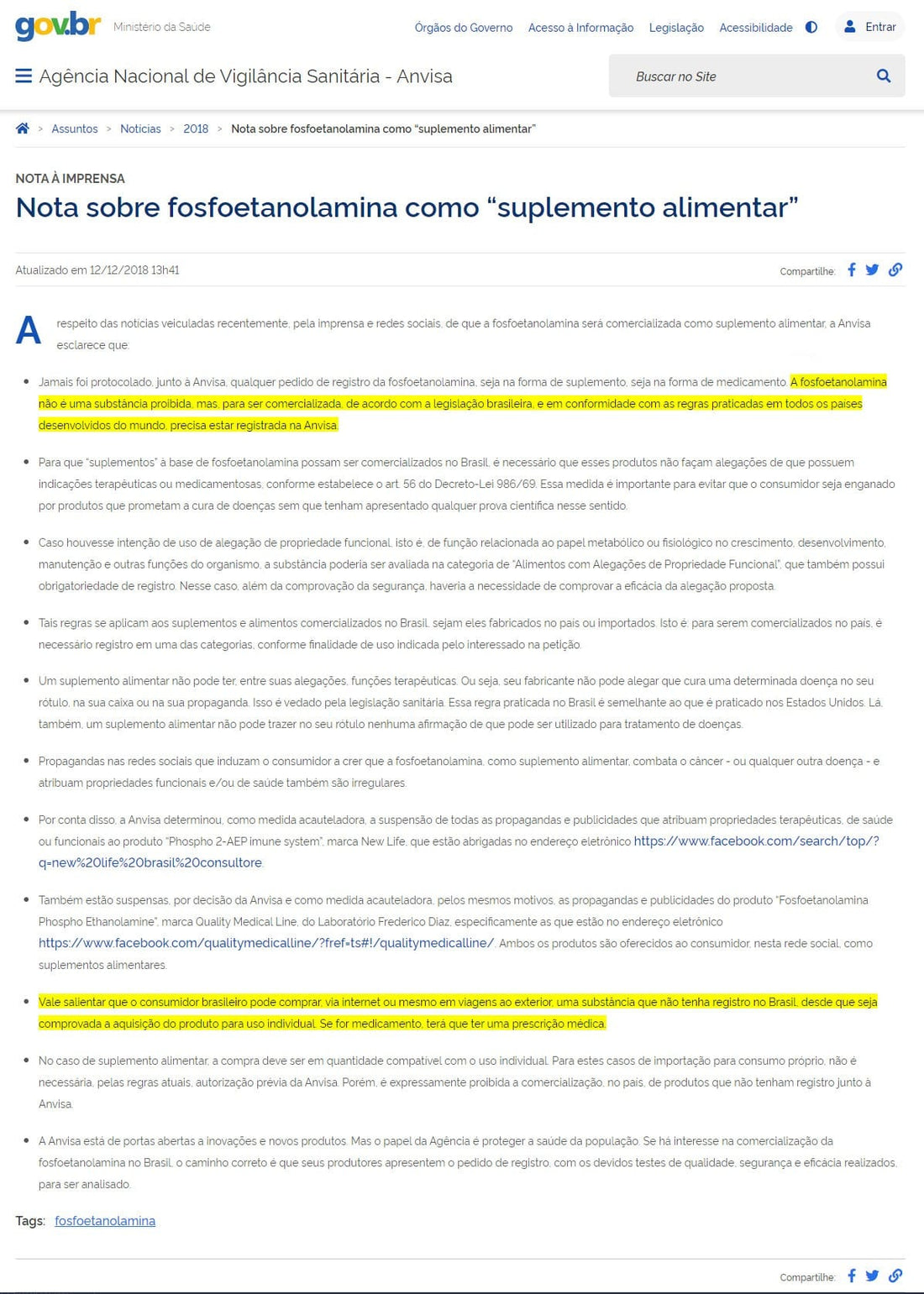 ANVISA divulga nota, em 2018, confirma que a Fosfo pode ser importada para uso próprio.